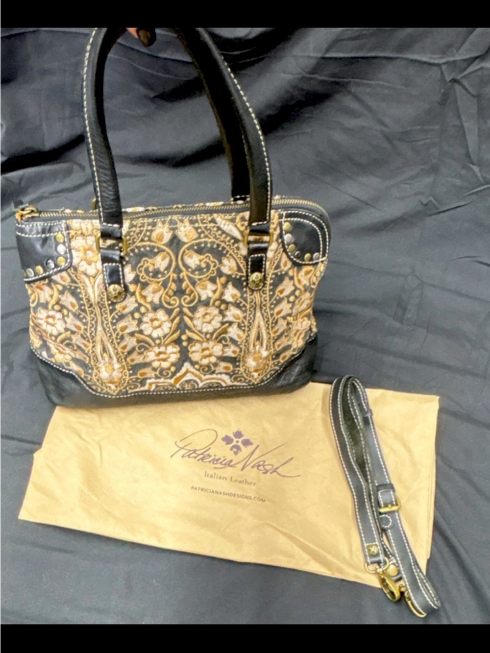 Patricia Nash Black & Tan Floral Embroidered Leather Shoulder Bag and Dust Bag